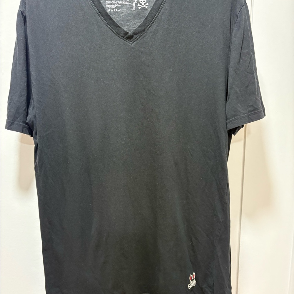Psycho Bunny Black  Designer Cotton Stretch Casual V-Neck Tee Shirt Size Large
